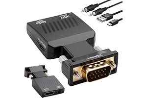 Solryn Adaptador VGA a HDMI con Audio, 1080P 60Hz Conversor para PC Antigua a TV/Monitor, Convertidor VGA Macho a HDMI Hembra con Cable de Audio 3,5mm y Cable de Alimentación, No Bidireccional
