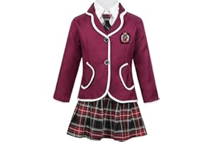 Jowowha Enfant Fille Uniforme Scolaire Japonais Cosplay Anime Anglais Ensemble Chemise à Manches Longues et Jupe Courte Carreaux et Cravate et Gilet Clubwear 4-14 Ans