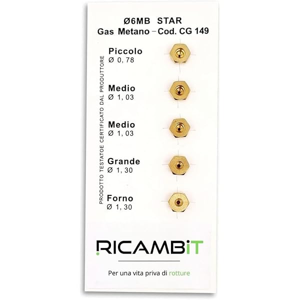5 Ugelli Per Gas GPL E Metano Per Bruciatori SABAF, Fori 0.5/0.7/0.87/1.02 Mm, In Ottone Con Filetto M6x0.75, Per Fornelli E Piani Cottura