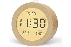 aboveClock Réveil Numérique en Bois, Réveil Matin LCD Horloge Numérique avec Affichage Date, Température, Snooze, Rétro-éclairage, Horloge Digitale Alimenté par Pile【3 Piles AAA Nécessaires】