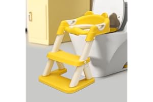 LUNICASHA Kinder Toilette Trainer Mit Treppe, Kinder Toilettensitz Toilettentrainer, Faltbar Töpfchentrainer für Jungen und Mädchen, Trittbrett Toilettentreppe, WC Sitz Töpfchentrainer, Gelb