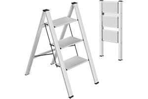 ‎TLGREEN TLGREEN Alu Trittleiter 3-Stufen-Leiter Klappleiter Rostfeste rutschfeste Stehleiter Haushaltsleiter Multifunktionale Tritthocker Licht Platzsparend bis 150kg Belastbar für Küchen Haushalt Außen Büro