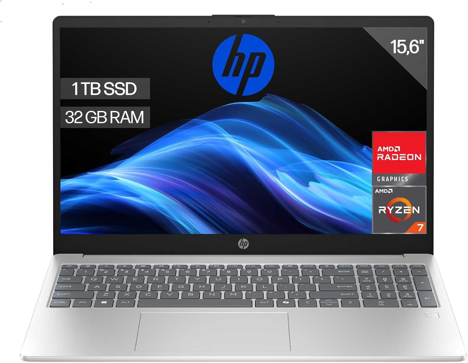 HP 15-fc0240ns - Ordenador portátil de 15.6" FHD (AMD Ryzen 7-7730U, 32 GB RAM, 1TB SSD, AMD Radeon Graphics, Sin Sistema operativo) Plata - Teclado QWERTY Español