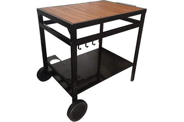Happy Garden Desserte Aveiro Noire pour Plancha, Structure Acier et Plateau Bois, avec Roues et Poignée de Déplacement