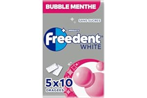FREEDENT WHITE - Chewing Gum Sans Sucre - Goût Bubble Menthe - 5 Paquets de 10 Dragées - 70g