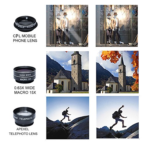 Yorbay 5 in 1 Kamera Objektiv Lens Kits(198 Grad Fisheye Objektiv, 0,63X Weitwinkelobjektiv, 15X Makro Objektiv, 2X Teleskop-Lens, CPL Polfilter), mit Clip-on Adapter, fÃ¼r Handys, Smartphones