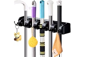 XHTOL Broom Mop Holder, Heavy Duty Wall Mounted Mop Clip Hangers Broom Storage Tidy Organizer with 5 Racks 6 Retractable Hooks Holds up to 11 Tools Perfect for Brush Kitchen Bathroom Office Garden