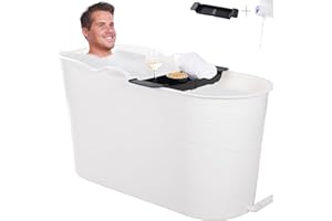 HELLO BATH HelloBath® – Bath Bucket XL (Comfort) – 122 cm – Bañera para adultos – Baño de hielo – Manguera de desagüe extensible hasta 3 m – Extras: bandeja, grifo y funda protectora - Blanco