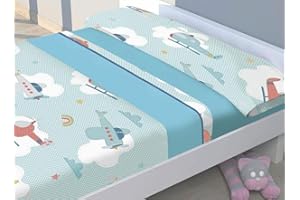 ENCA Valentina Home Juego de sábanas Verano, microfibras 3 Piezas Infantil, Dibujos Tacto Extra Suave. (Talla: Cama 90). (Helicopteros y Aviones)