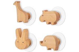 YANSYUN Set di 4 Appendiabiti Bambini in Legno, Attaccapanni da Muro Bambini Forma di Animale