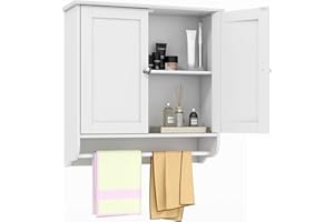 COSTWAY Szafka łazienkowa wisząca, szafka łazienkowa z uchwytem na ręczniki, drewniana szafka lekarska, szafka ścienna do łazienki, 60 x 21 x 61 cm (biała)