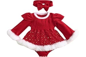 Geagodelia Déguisement Mère Noël Bébé Fille Barboteuse Robe de Noël + Bandeau Costume Tenue Père Noël Ensemble Hiver 2 Pcs Enfant Fille