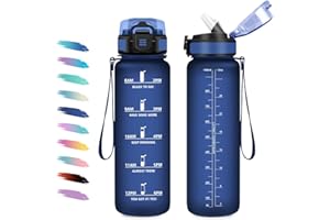 KOLLYKOLLA Borraccia 1L, Motivazionale Borraccia con Cannuccia, Facile da Aprire, a Prova di Perdite, Bottiglia Acqua con Indicatore del Tempo, Sportiva Bottiglia per Adulto, Campeggio, Ufficio, Lavoro