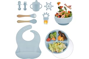 BIZCASA 12 Pcs Baby Weaning Set,Newborn Essentials Baby Products,Silicone Baby Led Weaning Set for Toddler,included Fruit Feeder, Baby Teething Toys,Adjustable Bib,Sippy Cup,Toddler Self Feeding