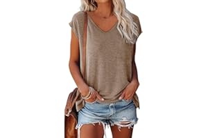 OLIPHEE Femmes Cap Sleeve T-Shirts À Manches Courtes Col en V Casual T-Shirts De Base D'été Lâches