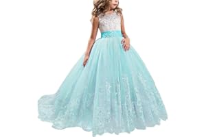 NNJXD Girls Lace Tulle Embroidered Princess Prom Ball Gown Formal Party Long Tail Dresses