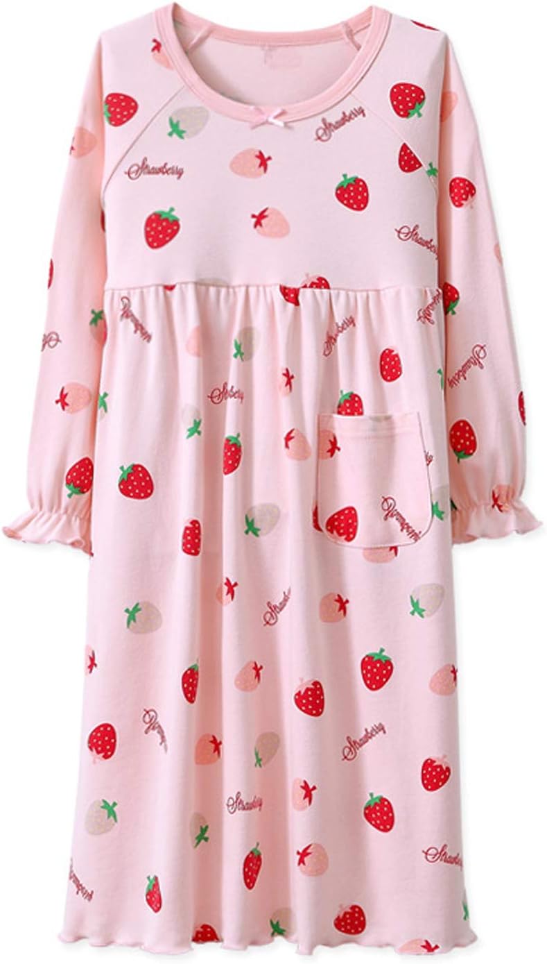Girls 100% Cotton Lace Nightgowns Nighties Princess Bowknot Strawberry Nightdress Sleepwear 2-14 Years