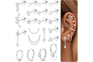 CASSIECA 21Pcs Boucles d'Oreilles Femme Acier Inoxydable Piercing Helix Or Argent Piercing Oreille Tragus Helix Conch Acier Chirurgical Bijoux Femme