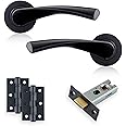 XFORT Matt Black Warped Lever On Rose Latch Pack, with Ball Bearing Hinges & A Tubular Latch, Ideal for Internal Wooden Doors for Home and Office.