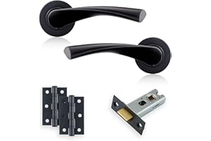 XFORT Matt Black Warped Lever On Rose Latch Pack, with Ball Bearing Hinges & A Tubular Latch, Ideal for Internal Wooden Doors for Home and Office.