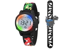 HMJIA Montre Enfant Garcon, Montre Enfant Fille pour 3-12 Ans, Montre Enfant étanche 3ATM avec Alarme/Date/Chronomètre/LED (LED Dinosaure Noir)