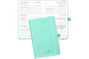 POPRUN Mały Kalendarz 2024 A6 Tygodniowy Książkowy 15,5 x 10,5 cm, Tygodniowy 2024 Planer, Samoprzylepny Uchwyt na Długopis, Twarda Oprawa Miękka Okładka Ze Skóry Wegańskiej i Papier z Certyfikatem FSC® , Zielony