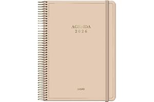 Dohe - Agenda 2026 - Jour par Page, Format A5 (14x20 cm), Fermeture Spirale Dorée et Élastique, Gravures Dorées, 12 Mois Janvier à Décembre, Planificateur Annuel en Espagnol - Velvet Beige