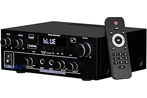AWKAQUN 2 Canales Amplificador, 1000W Audio Estéreo, Bluetooth 5.3 Mini Hi-Fi Amp, para Dos 50W x2 Altavoces de Unas 8 Pulgadas, Bass/Treble/AUX/FM/MIC/USB, para TV, para el hogar o tu Coche (AK55)