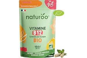 NATUROO NUTRITION Vitamine B12 Bio | 180 gélules (6 mois) | Naturelle et Végétale | Premium & Vegan | vitamin B 12 à 25 µg (1000% des AJR) | Extraits de Shiitake et d’Artichaud BIO | B-12 pour Hommes et Femmes