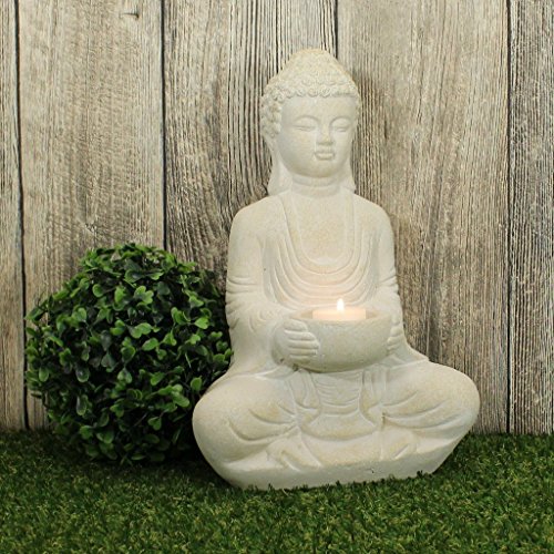 Buddha Deko-Figur Aus Stein Sitzend 30cm Skulptur Mit Teelichthalter Für Wohnzimmer Oder Garten - 4