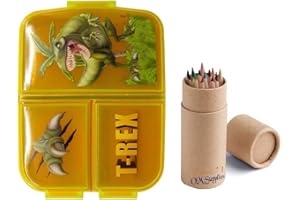 OM SUPPLIES Dinosaur Reusable Sandwich Lunch Box 3 Multi Compartment Kids Children School Includes Half Size 12pcs Pencil Set (Dinosaur)
