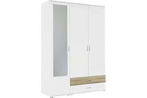 ‎RAUCH MÖBEL Rauch Möbel Noosa Schrank Drehtürenschrank, Weiß / Eiche Sonoma, 3-türig mit Spiegel und 2 Schubladen, inkl. Zubehörpaket Basic 1 Kleiderstange, 3 Einlegeböden BxHxT 127x188x52 cm