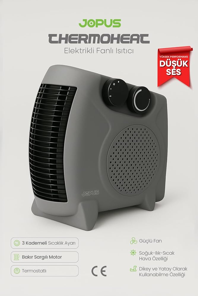 Jopus 2000W Elektrikli Fanlı Isıtıcı,Termostatlı,Sıcak-Soğuk Hızlı Isıtma, 25 m² Alan Kapasitesi,Antrasit
