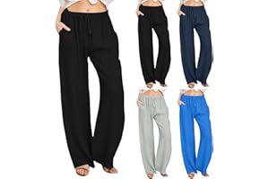 CEWIFO Pantaloni da Donna in Cotone e Lino Estivi a Gamba Larga con Coulisse Casual Vita Alta Palazzo Tasche La Transazione di Oggi