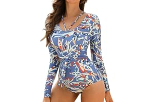 JASAMBAC Womens One-Piece Rash Guard Swimsuits Tummy Control Swimwear Ladies Swimming Costumes Soft Monokinis Surf Suit Long Sleeves Swim Bodysuits Floral Halter Neck Bathing Suit with & Wasit Bands