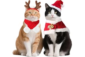 PETLESO 4 Stück Katzen Weihnachtskostüm- Rentiergeweih-Kopfband, Santa Hut, Schal & Umhang - Rotes Weihnachtskostüm für Katzen & Hunde