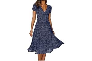 AMhomely Summer Dresses for Women UK Clearance Elegant V-Neck Bandage Print Casual Short Sleeve Dresses for Special Occasions Ladies Maxi Dresses Plus Size Petite Sexy Dress UK Size