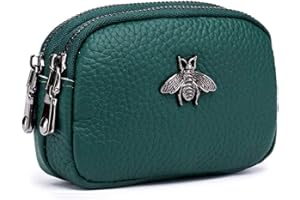ALOUWEEKUKY Monedero de Cuero Genuino para Mujer - Doble Cremallera Bolsa de Cambio de Abeja Monedero Portatarjetas Monedero Mini Simple Monedero Lindo útil para Damas Mujer