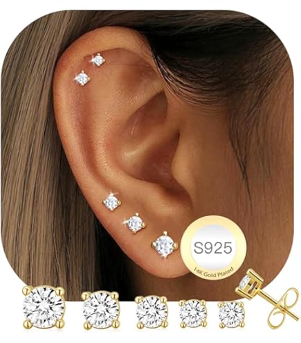 Dochais 14 Pairs Silver Earrings For Men Women, Zirconia Stud Earrings 3-9 MM, Hypoallergenic Earrings, 316L Stainless Steel Earrings, Round Square