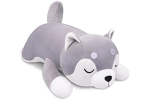Fortuning's JDS Peluche Husky Oreiller Husky Peluche Husky Doux Oreiller de Couchage pour Enfants Jouet Coussin Husky Animal en Peluche Oreiller en Peluche Chien, Cadeau, Jouet à Pousser