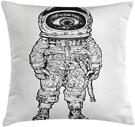 DCOCY Space Throw Pillow Cushion Cover, Artistic Detailed Sketch of Fantasy Astronaut with Big Eye Cyclops Sci-Fi Explorer, Decorative Square Accent Pillow Case, 18 X 18 Inches, Black White