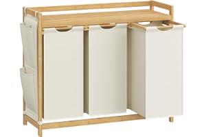 SONGMICS kosz na bieliznę 3 przegrody, bambus, kosz na bieliznę 150 L, z półką, torba na pranie, małe przegródki boczne, stojak na pranie, 3 x 50 L, 94 x 33 x 78 cm, kremowo-biały RLH115W01