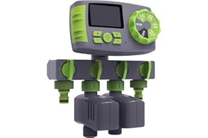 AQUALIN Automatisch 4-Auslässe Bewässerungscomputer Wasser Zeitschaltuhr Garten Bewässerungsuhr Bewässerungssystem, inkl. 1 X 4-Fach-Wasserverteiler, 2 X Magnetventile, Grün …
