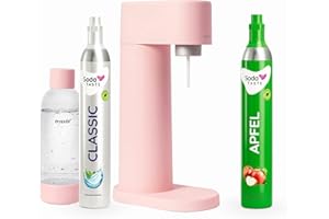 SODATASTE Sparpaket: Mysoda Woody - Wassersprudler aus erneuerbarem Holzkomposit mit 1L BPA-freier Plastikflasche, CO2-Zylinder Classic + CO2-Zylinder Apfel (Rosa)