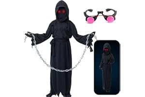 CNEXMIN Deguisement Faucheuse Enfant Costume Faucheuse Adulte Robe Noire avec Verres Lumineux Rouge, Chaîne à la Taille, Noir Chapeau, Gants, Costumes de Faucheuse d'Halloween Grim Reaper Cosplay Costume