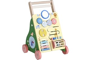 Holz-Lauflernhilfe mit 10-in-1 Motorikspielcenter, höhenverstellbarer Schiebegriff, Formsortierer, Xylophon, Rolltrommel und Staufach – Lauflernwagen aus holz für Jungen und Mädchen