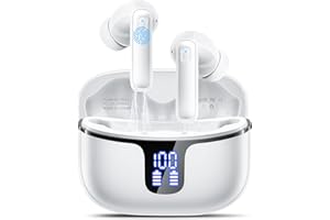 Renimer Auriculares Inalámbricos Bluetooth 5.3 con 4 HD Mic, 40H HiFi Estéreo Cascos Inalámbricos Bluetooth con Pantalla LED, Reducción de Ruido, 14.2 mm Controlador Dinámico, IP7 Impermeable（Blanco）