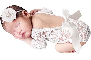 CAMIDY Neugeborenes Fotografie Requisiten Outfits Baby Mädchen Spitze Strampler Stirnband Säugling Fotoshooting Kleidung für Baby Jungen und Mädchen 3-12 Monate, weiß, M