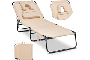 COSTWAY Chaise Longue Pliante, Bain de Soleil Réglable à 5 Positions, Charge 160kg, Trou pour Visage, 3 Coussins Amovible, Tissu Oxford, Sangle, Transat Jardin Exterieur pour Plage Piscine(Beige)