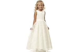 Babyonlinedress Robe de Fille Enfant de Mariage d'honneur Soirée Princesse Longue Col Rond en Dentelle Broderie 2-13 Ans